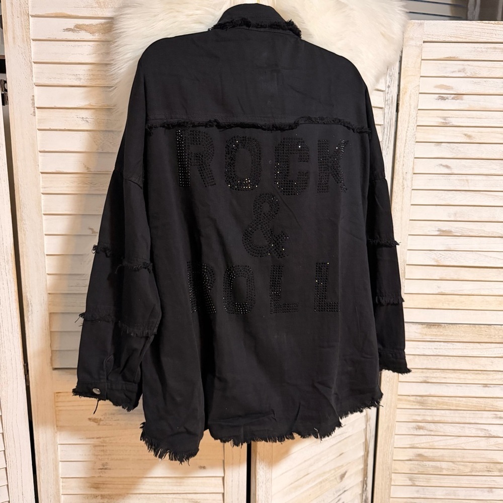 Elan Black Rhinestone Frayed Button-Up Jacket - Picture 7 of 9